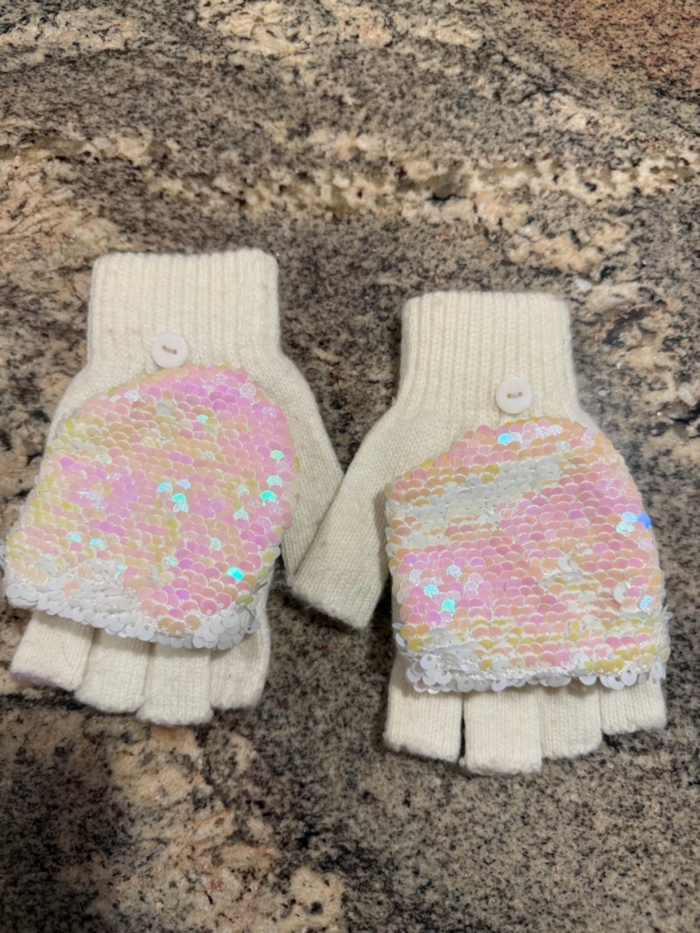 The Children's Place Cream Convertible Mittens with Iridescent Pink Sequins